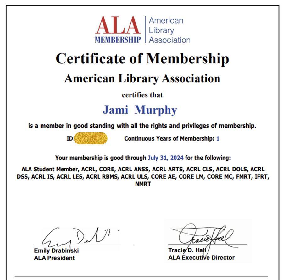 ALA Membership certificate