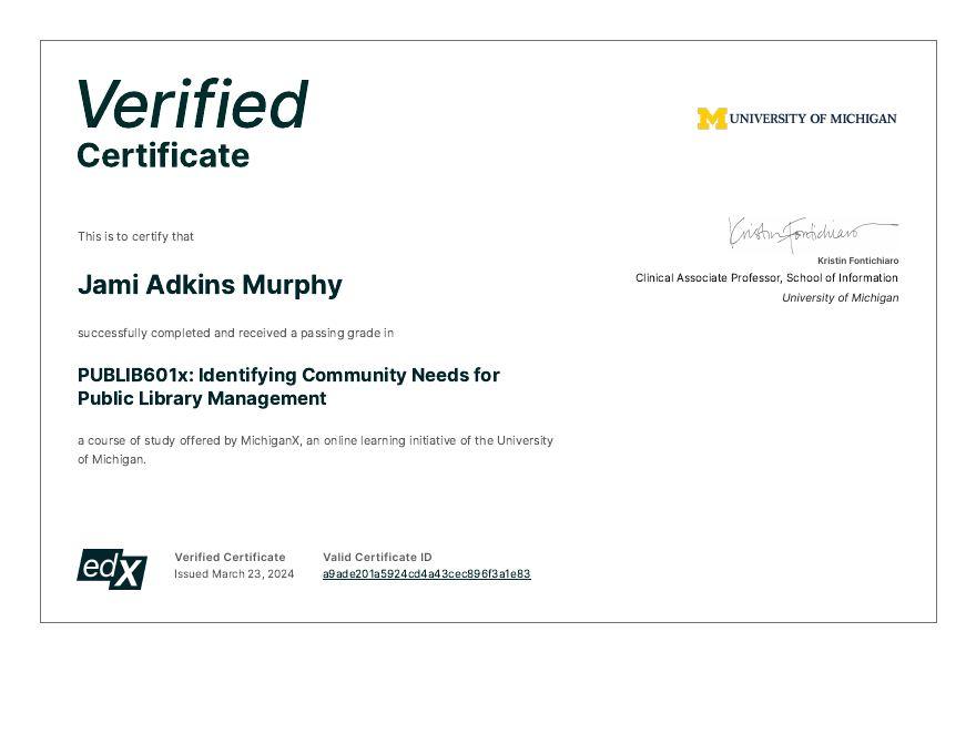 Community Needs for Public Library Management certificate