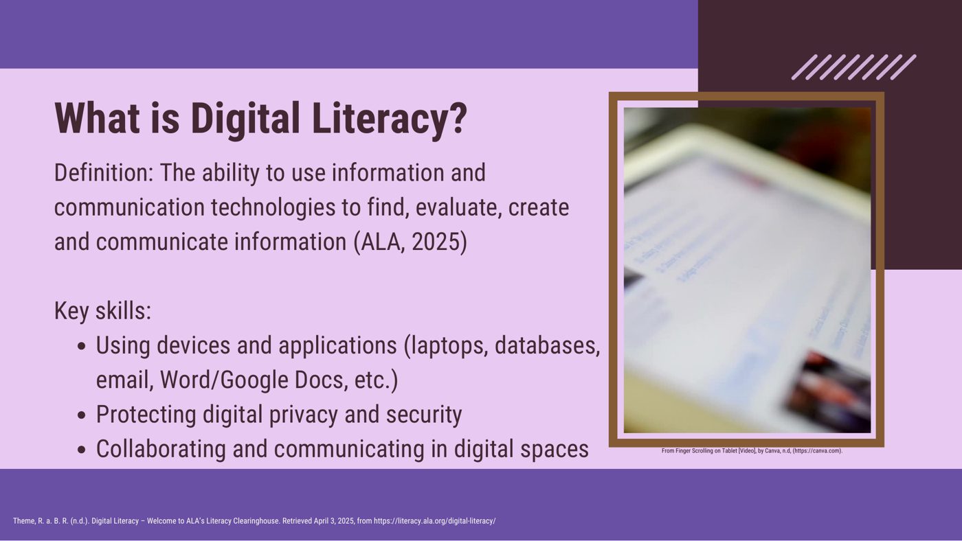Slide defining digital literacy with ALA citation