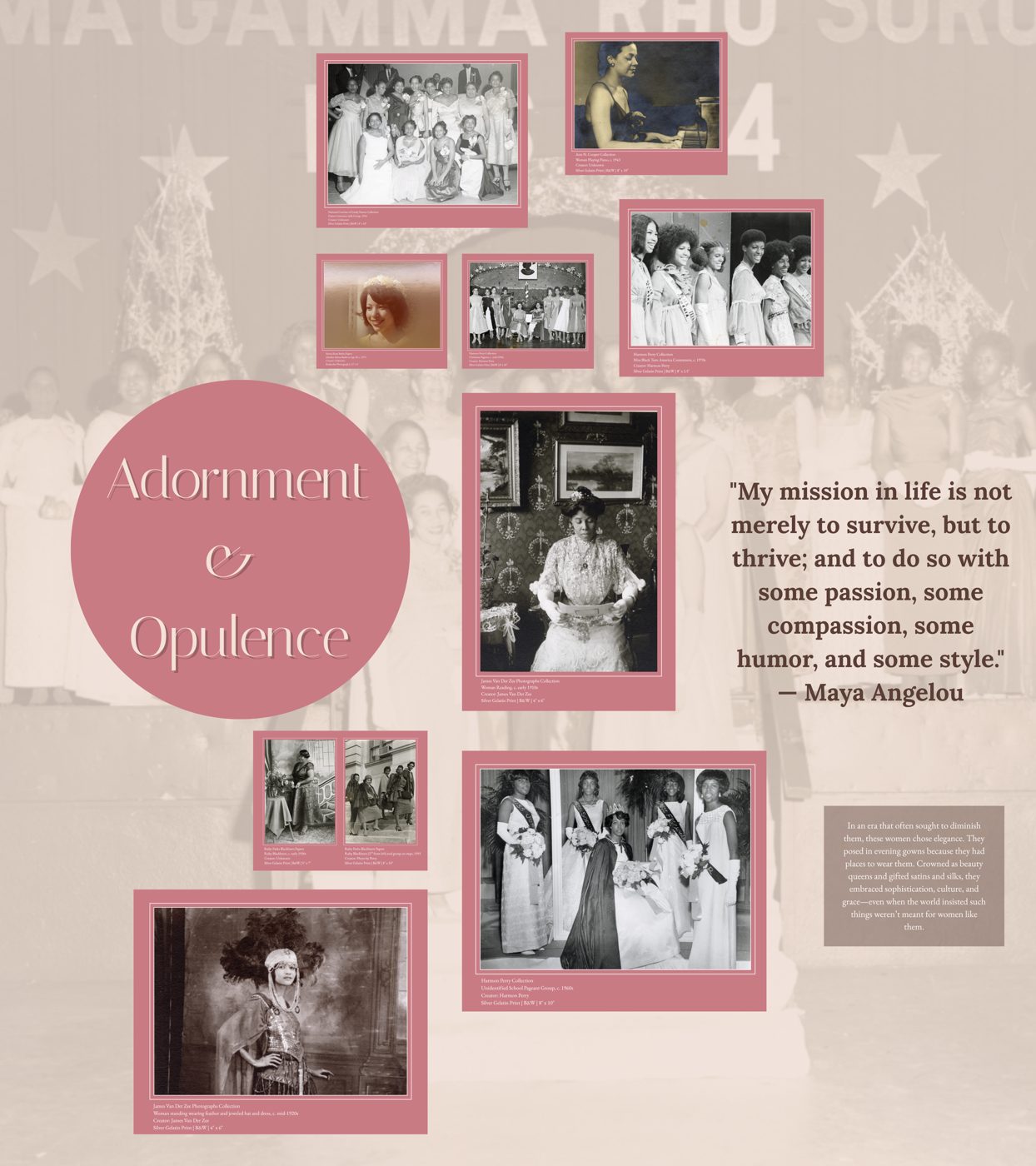 Adornment and Opulence exhibit panel in dusty rose with archival photographs