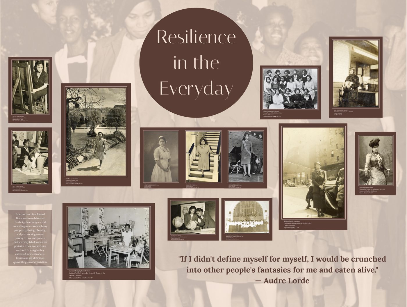 Resilience in the Everyday exhibit panel in deep brown with archival photographs