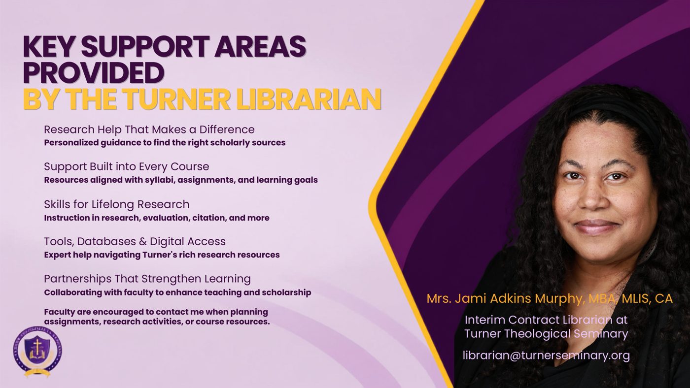 Slide listing key support areas provided by the Turner librarian